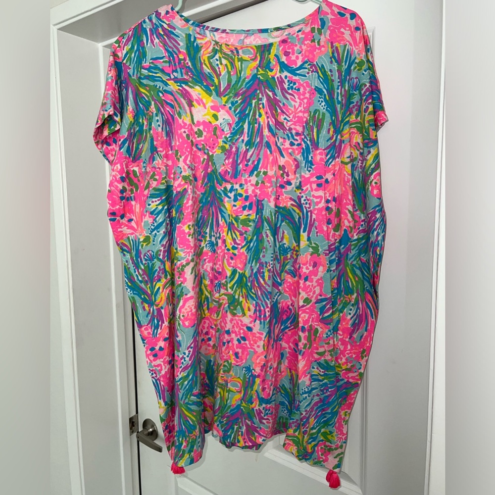 Lilly Pulitzer Girls Via Caftan Tunic Dress Fan Sea Pants Pink Coral XL 12 14